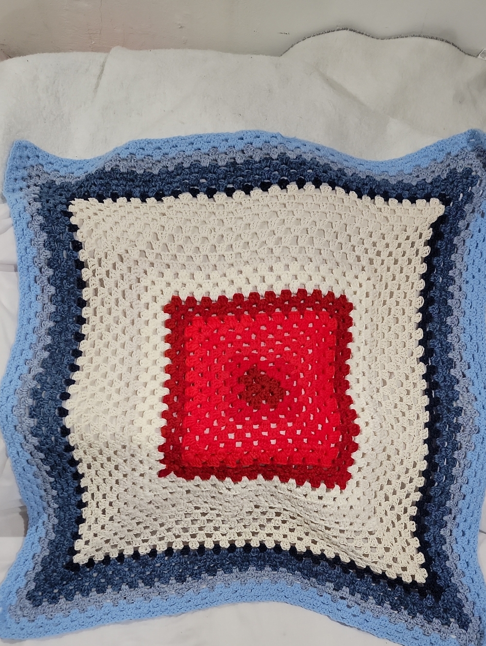 Handmade Crochet Throw Blanket- Red, White/Cream & Blue